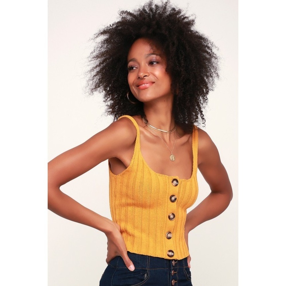 Lulus Adeline Mustard Yellow Ribbed Button-up Cropped Tank Top - Size Medium